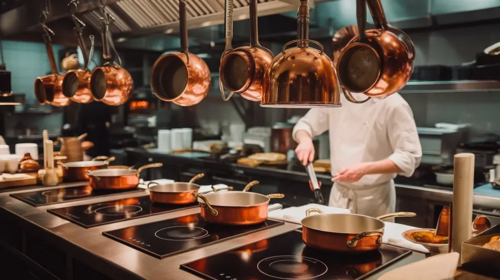 Fogão De Indução: O Guia Completo Sobre Funcionamento, Vantagens E Instalação 10 Chef De Cozinha Trabalha De Costas Em Cozinha Profissional Iluminada, Com Múltiplos Fogões De Indução Ativos E Panelas De Cobre Brilhantes Penduradas E Sobre As Bocas