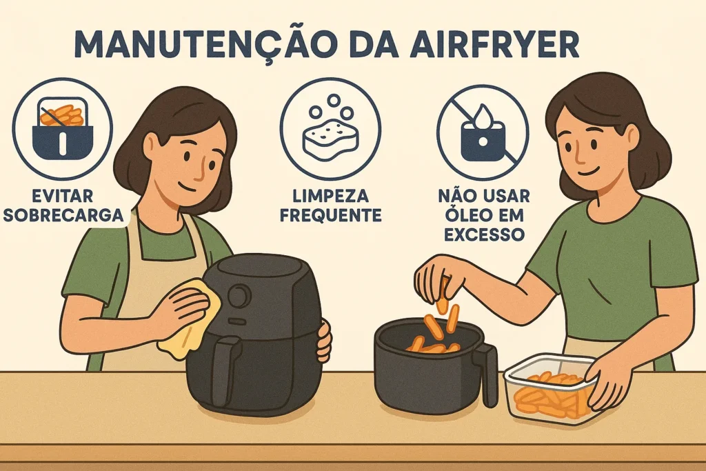 Air Fryer: Guia Completo Com Os 7 Melhores Modelos E 5 Defeitos Mais Comuns 6 Dona De Casa Limpando E Preparando Alimentos Corretamente Na Air Fryer, Com Ícones Educativos Ao Redor.