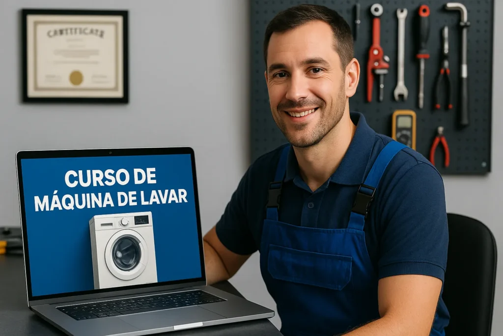 Consertar Eletrodomésticos: 7 Passos Para Começar E Faturar R$ 5.000+ Por Mês 11 Técnico Participando De Curso De Máquina De Lavar Com Certificado E Ferramentas Ao Fundo