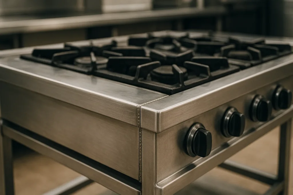 Fotografia Ultra-Realista De Um Fogão Industrial De Aço Inox Em Cozinha Profissional, Ressaltando Soldas, Botões Robustos E Estrutura Resistente.