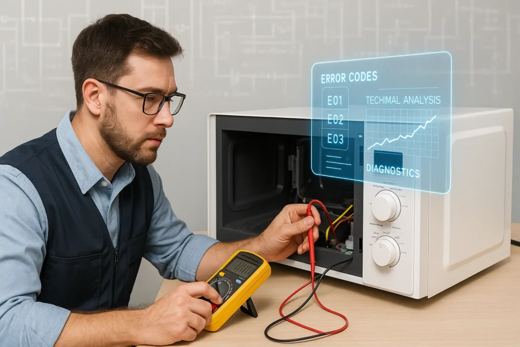 Consertar Eletrodomésticos: 7 Passos Para Começar E Faturar R$ 5.000+ Por Mês 6 Técnico Usando Multímetro Em Micro-Ondas Aberto Enquanto Uma Tela Holográfica Exibe Códigos De Erro E Análise Técnica