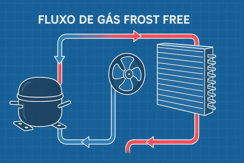 7 Fatos Essenciais Sobre Geladeira Frost Free: Funcionamento, Vantagens Técnicas E Solução De Problemas 3 Ilustração Técnica Estilo Blueprint Em Formato 16:9 Mostrando Compressor, Evaporador E Ventilador, Com Setas Azuis E Vermelhas Indicando O Fluxo De Gás Refrigerante Em Sistema Frost Free.