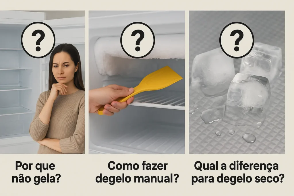 7 Fatos Essenciais Sobre Geladeira Frost Free: Funcionamento, Vantagens Técnicas E Solução De Problemas 9 Colagem Educativa Com Três Dúvidas: Mulher Confusa Ao Lado De Geladeira Vazia, Mão Raspando Gelo No Congelador E Cubos De Gelo Derretendo No Chão.