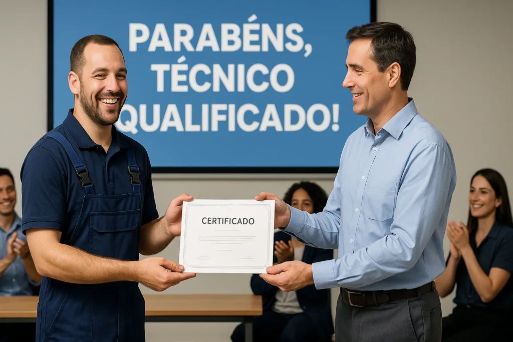 Consertar Eletrodomésticos: 7 Passos Para Começar E Faturar R$ 5.000+ Por Mês 14 Técnico Recebendo Certificado De Conclusão De Curso De Um Instrutor, Com Colegas Ao Fundo Aplaudindo E Telão Exibindo “Parabéns, Técnico Qualificado!”