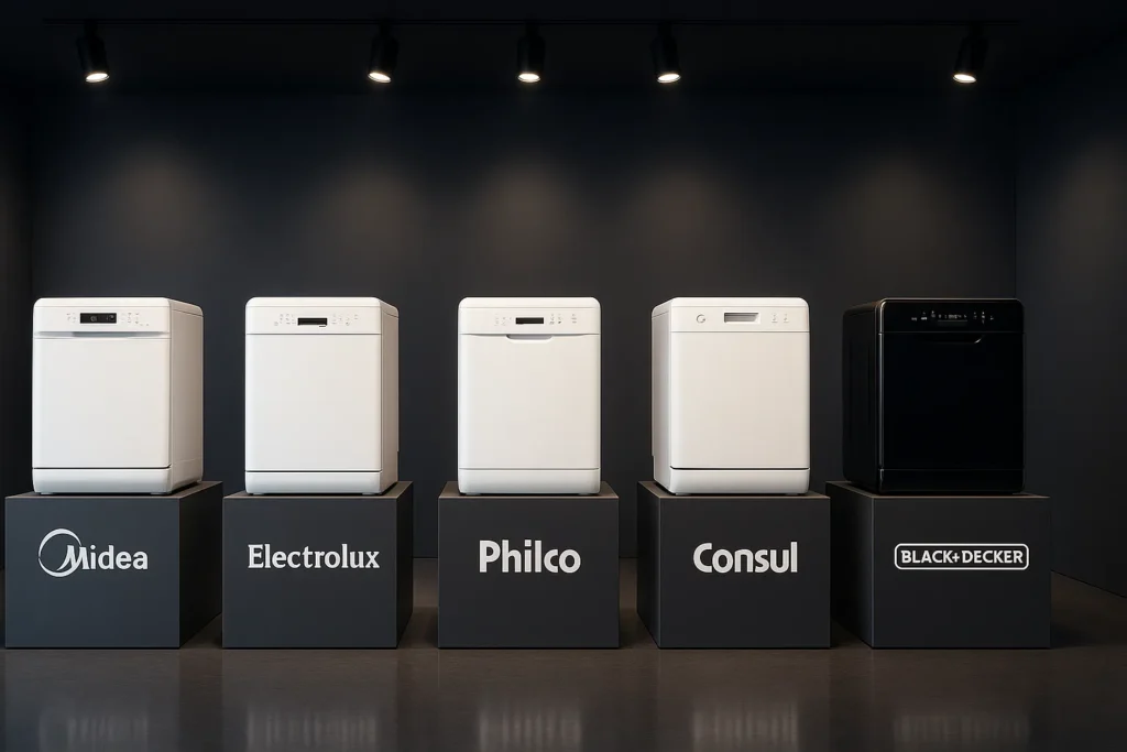 Lava Louça Portátil: Guia Completo Com Vantagens, Modelos E Dicas Técnicas 6 Imagem 16:9 De Um Showroom Moderno Com Cinco Lava-Louças Portáteis Sobre Pedestais Rotulados Com As Marcas Midea, Electrolux, Philco, Consul E Black+Decker