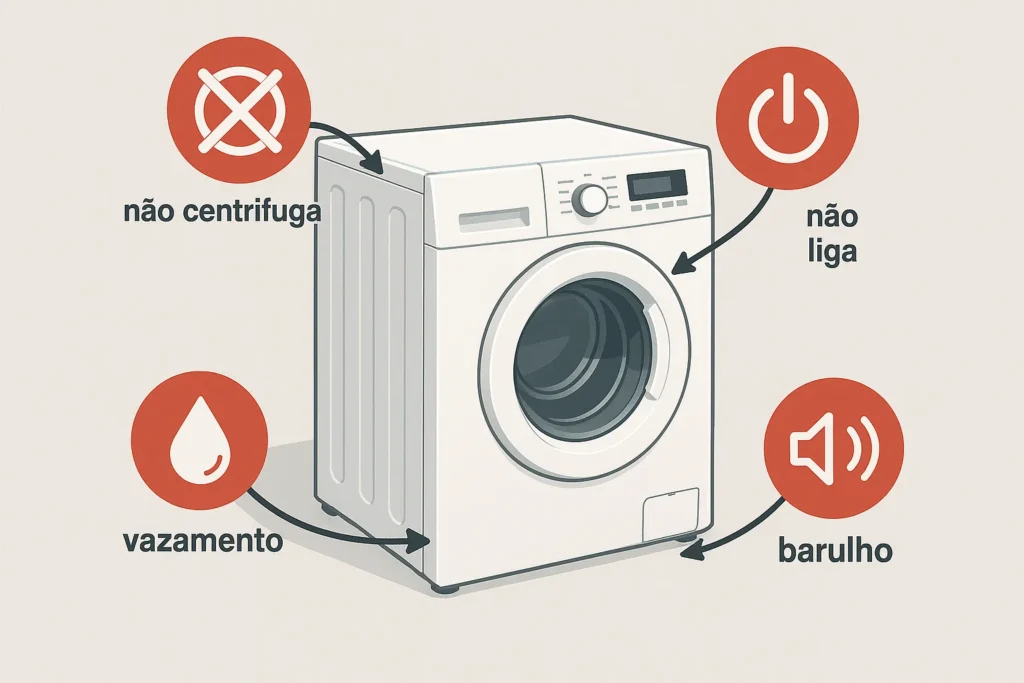 Consertar Máquina De Lavar: 7 Problemas Mais Comuns E Como Resolver Cada Um 3 Ilustração 16:9 Mostra Máquina De Lavar Com Ícones Vermelhos Indicando Não Centrifuga, Não Liga, Vazamento E Barulho, Com Setas Apontando Para As Partes Afetadas