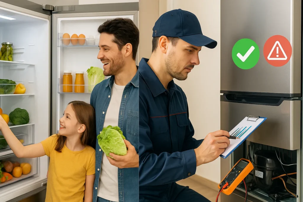 7 Fatos Essenciais Sobre Geladeira Frost Free: Funcionamento, Vantagens Técnicas E Solução De Problemas 5 Metade Esquerda Mostra Família Feliz Usando Geladeira Frost Free Organizada Enquanto Metade Direita Exibe Técnico Com Multímetro Avaliando Consumo Elétrico Com Ícones De Check Verde E Alerta Vermelho