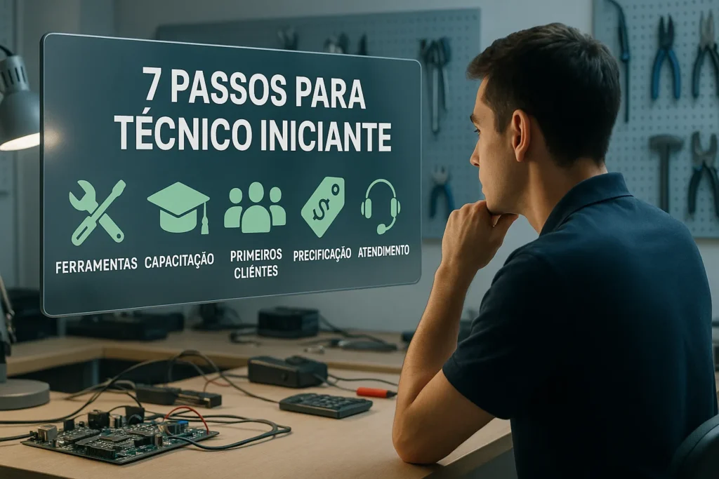 Consertar Eletrodomésticos: 7 Passos Para Começar E Faturar R$ 5.000+ Por Mês 1 Técnico Iniciante Observa Lousa Digital Com Ícones Representando Os 7 Passos Para Começar Na Profissão.