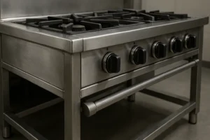 Fotografia ultra-realista de um fogão industrial em aço inox em cozinha profissional, destacando soldas, botões robustos e estrutura reforçada em vista angular.