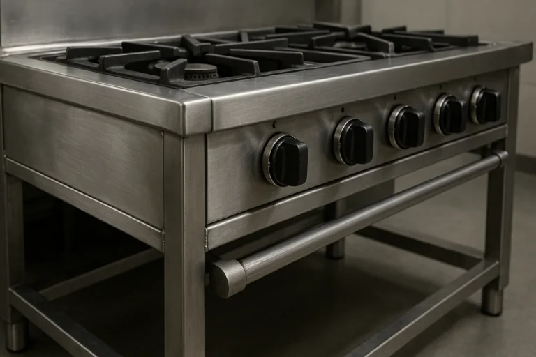 Fotografia Ultra-Realista De Um Fogão Industrial Em Aço Inox Em Cozinha Profissional, Destacando Soldas, Botões Robustos E Estrutura Reforçada Em Vista Angular.