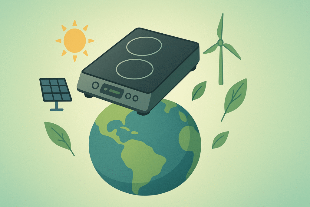 Fogão De Indução: O Guia Completo Sobre Funcionamento, Vantagens E Instalação 11 Ilustração 16 Por 9 De Um Fogão De Indução Flutuando Sobre Um Globo Verde E Azul, Rodeado Por Ícones De Energia Solar E Eólica E Folhas Em Estilo Conceitual Eco Friendly