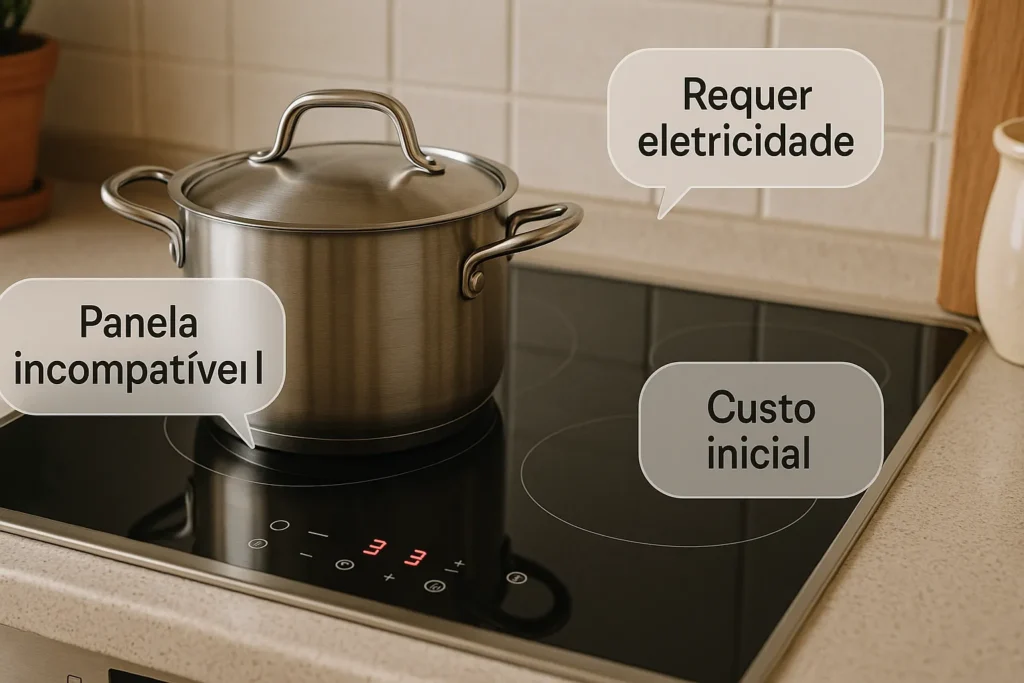 Fogão De Indução: O Guia Completo Sobre Funcionamento, Vantagens E Instalação 5 Fogão De Indução Moderno Em Cozinha Residencial Exibindo Três Balões Translucentes Indicando Panela Incompatível, Necessidade De Eletricidade E Custo Inicial