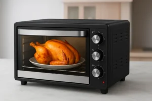 Fotografia profissional de forno elétrico de bancada preto com detalhes em inox, sem qualquer logotipo ou nome de marca, em estúdio com iluminação suave e foco ultranítido
