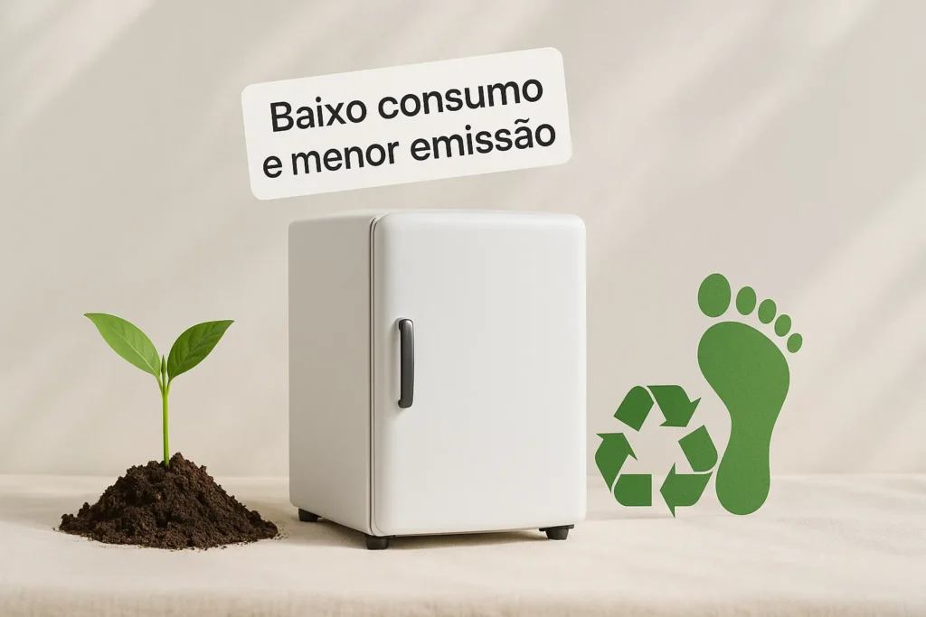 8 Vantagens Surpreendentes Da Geladeira Pequena: Guia Completo De Escolha, Uso E Manutenção Técnica 8 Geladeira Pequena Ao Lado De Planta Em Crescimento, Símbolo De Reciclagem E Pegada Verde, Com Etiqueta “Baixo Consumo E Menor Emissão” Em Fundo Claro Com Luz Natural.