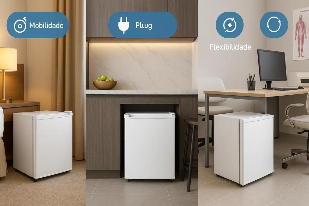 8 Vantagens Surpreendentes Da Geladeira Pequena: Guia Completo De Escolha, Uso E Manutenção Técnica 5 Geladeira Pequena Exibida Em Quarto De Hotel, Cozinha Gourmet E Consultório Médico, Evidenciando Mobilidade Tomada E Flexibilidade