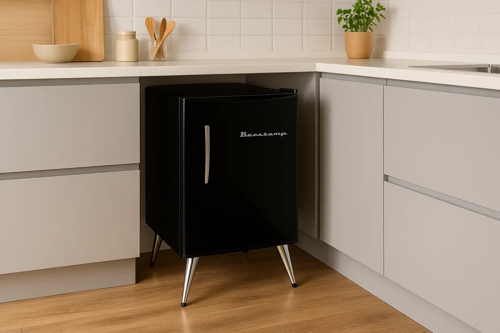 8 Vantagens Surpreendentes Da Geladeira Pequena: Guia Completo De Escolha, Uso E Manutenção Técnica 1 Geladeira Brastemp Preta Com Design Retrô Instalada Em Cozinha Moderna Com Armários Cinza E Piso Amadeirado.