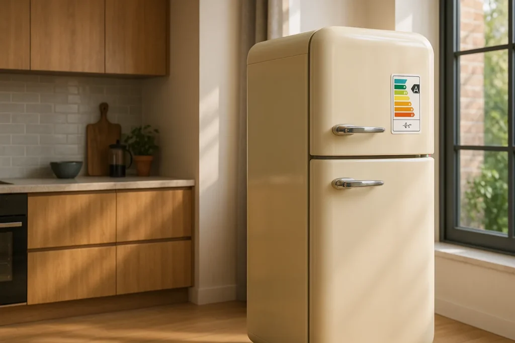 Geladeira Retrô: Guia Completo De Estilo, Eficiência E Como Escolher O Modelo Ideal 4 Cena De Geladeira Retrô Com Selo De Eficiência Energética Em Uma Cozinha Contemporânea Iluminada Naturalmente, Evidenciando Design Vintage E Benefícios Ecológicos.