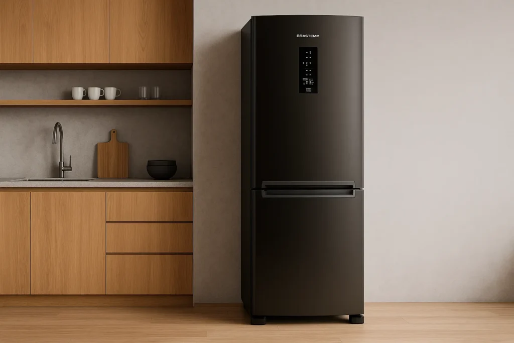 7 Fatos Essenciais Sobre Geladeira Frost Free: Funcionamento, Vantagens Técnicas E Solução De Problemas 1 Geladeira Brastemp Escura Com Painel Digital, Embutida Em Uma Cozinha Moderna Com Armários De Madeira E Bancada Clara.