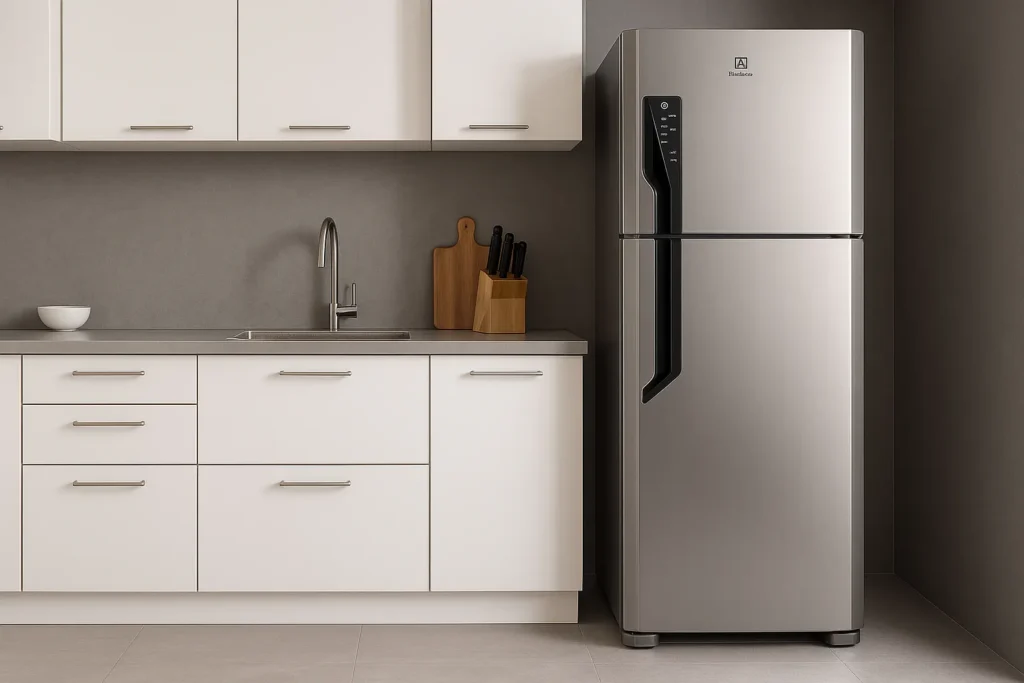 Geladeira Electrolux De Duas Portas Em Inox Posicionada Em Cozinha Clara Com Armários Brancos E Bancada Acinzentada.