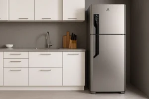 Geladeira Electrolux de duas portas em inox posicionada em cozinha clara com armários brancos e bancada acinzentada.