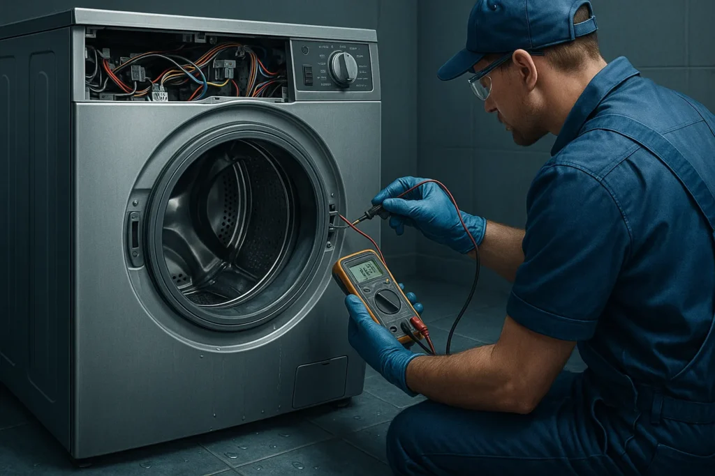 Máquina De Lavar Não Centrifuga: Guia Técnico Completo Para Diagnóstico E Solução 1 Ilustracao Tecnica Ultrarrealista De Manutencao Em Lavadora De Carregamento Frontal