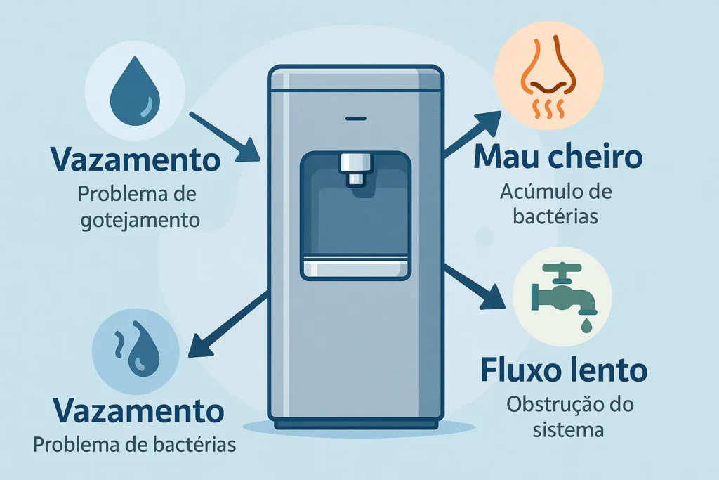 Infográfico De Bebedouro Com Setas Indicando Vazamento, Mau Cheiro E Fluxo Lento