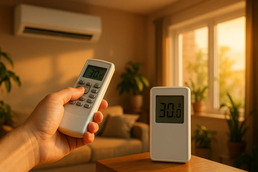 Ar Condicionado Cool: O Guia Completo Sobre A Função E Como Maximizar Seu Uso 3 Mão Segurando Controle Remoto De Ar-Condicionado Apontado Para Unidade Split, Com Termômetro Digital Marcando 30 °C, Em Sala De Estar Com Plantas E Luz Quente Do Entardecer.