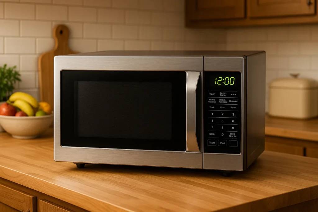 Micro-Ondas De Aço Inox Escovado Sobre Bancada De Madeira Em Cozinha Acolhedora, Painel Digital Iluminado Em 12:00 Com Fruteira, Tábua E Utensílios Ao Fundo