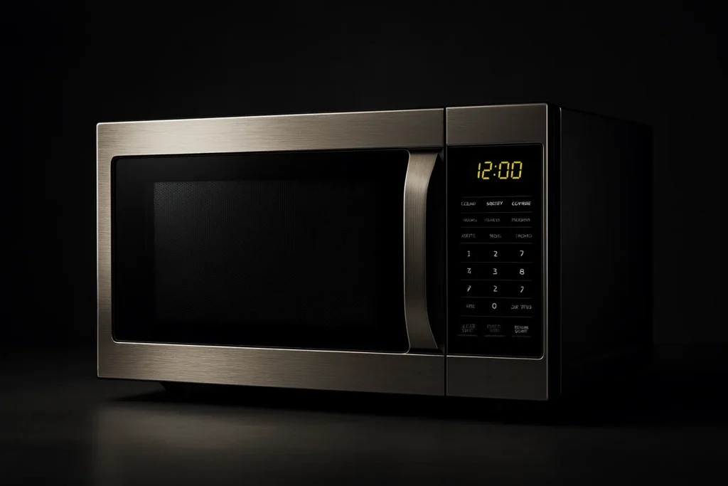 Microondas: 7 Melhores Modelos E Os 3 Defeitos Mais Comuns 1 Micro-Ondas De Inox Escovado Visto De Frente, Com Painel Digital Aceso Em 12:00 E Iluminação Lateral Que Realça A Textura Do Aço Sobre Fundo Escuro Elegante