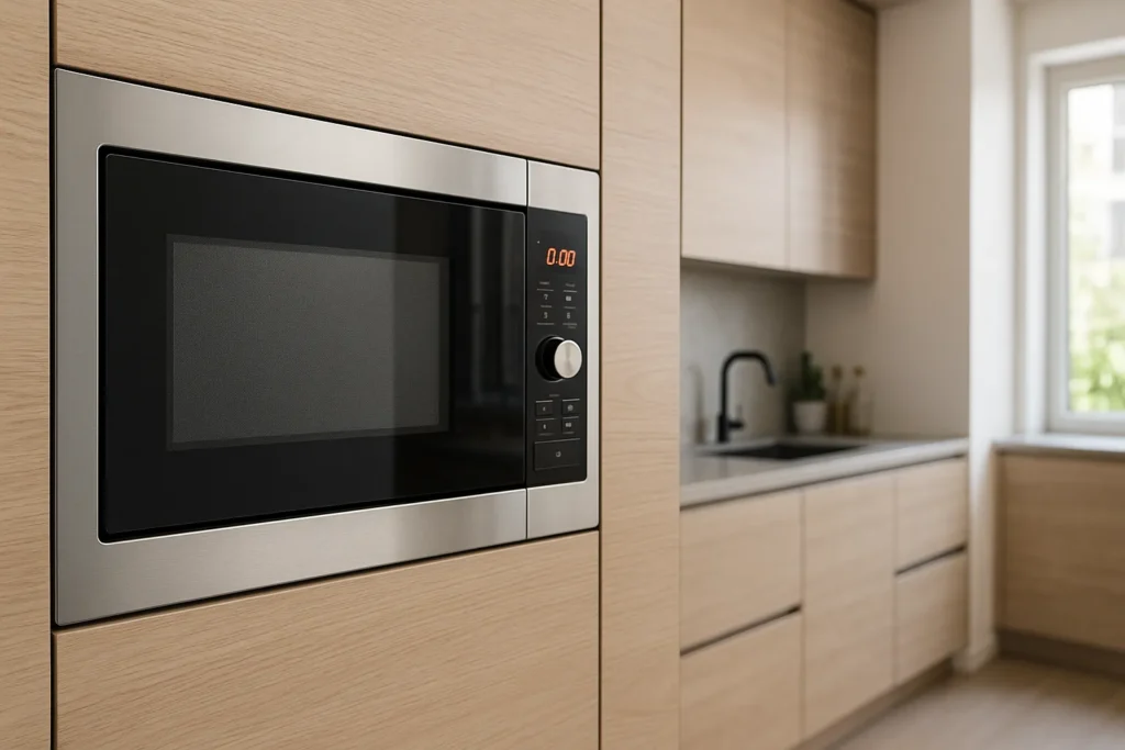 Micro-Ondas De Embutir Em Acabamento Inox Com Porta Espelhada E Painel Digital, Iluminado Por Três Pontos.