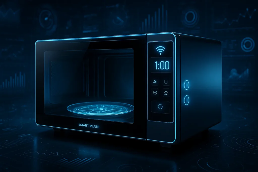 Microondas: 7 Melhores Modelos E Os 3 Defeitos Mais Comuns 9 Micro-Ondas Futurista Com Painel Touch Transparente, Conectividade Wi-Fi E Sensores Iluminados, Em Fundo High-Tech Com Hologramas