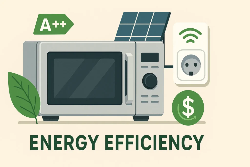 Microondas: 7 Melhores Modelos E Os 3 Defeitos Mais Comuns 11 Ilustração De Microondas Moderno Com Selo A++ Conectado A Painel Solar E Tomada Inteligente, Ao Lado De Folha Verde E Ícone De Economia.
