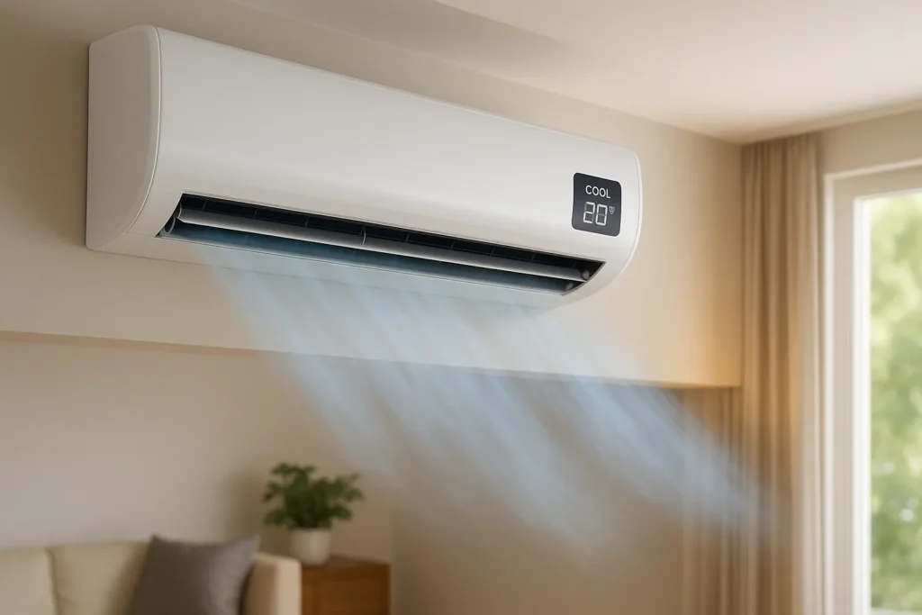 Ar Condicionado Cool: O Guia Completo Sobre A Função E Como Maximizar Seu Uso 1 Unidade Interna De Ar-Condicionado Split Mostrando Display Com 20 Graus Celsius Em Modo Cool, Liberando Fluxo De Ar Frio Sobre Sala De Estar Iluminada