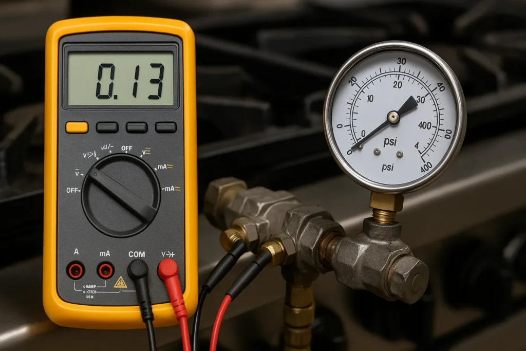 Close-Up Técnico De Multímetro Digital E Manômetro De Pressão Conectados A Válvulas De Fogão Industrial, Com Leituras Claras Para Diagnóstico Profissional.