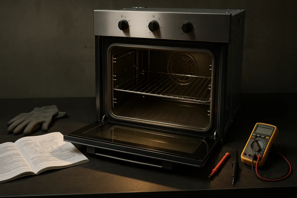Forno Elétrico De Embutir: Guia Completo Para Escolha, Instalação E Manutenção 8 Oficina Técnica Com Bancada Contendo Forno Elétrico De Embutir Semiaberto, Chave De Fenda Isolada, Multímetro, Luvas De Proteção E Manual Técnico Aberto Sob Iluminação Focal.