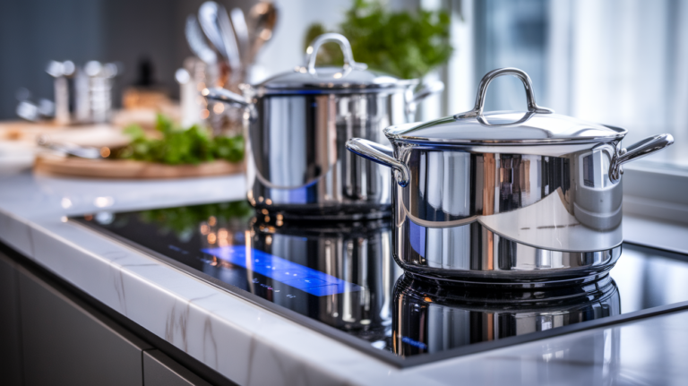 Duas Panelas De Aço Inox Polido Aquecendo Sobre Cooktop De Indução Preto Em Bancada De Mármore Branca Com Utensílios E Ervas Desfocados Ao Fundo