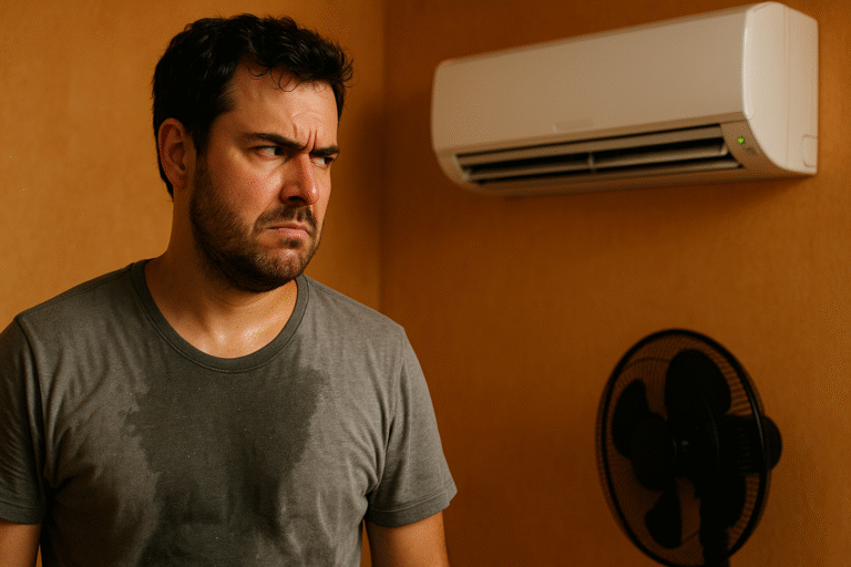 Homem De Camiseta Suada Observa Desconfiado Um Ar-Condicionado Ligado Sem Soprar Ar Frio, Ambiente Quente Com Ventilador Desligado Ao Lado.