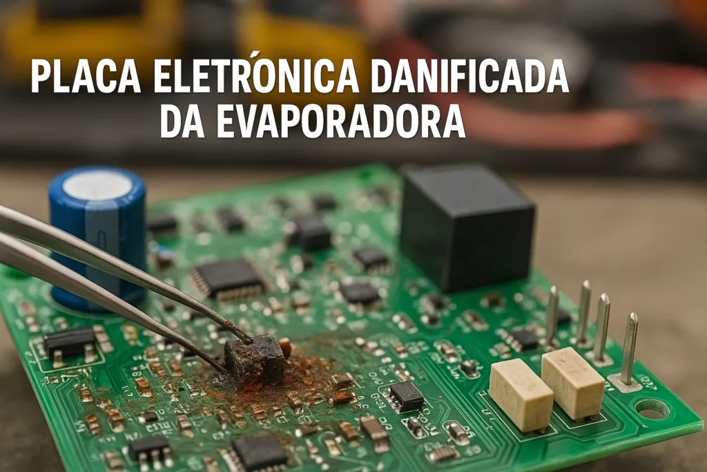 9 Motivos Por Que O Ar Condicionado Não Gela Só Ventila – Guia Definitivo Para Solução E Prevenção 8 Close-Up De Placa Eletrônica Da Evaporadora Com Oxidação E Componente Queimado, Pinça Técnica Apontando O Defeito