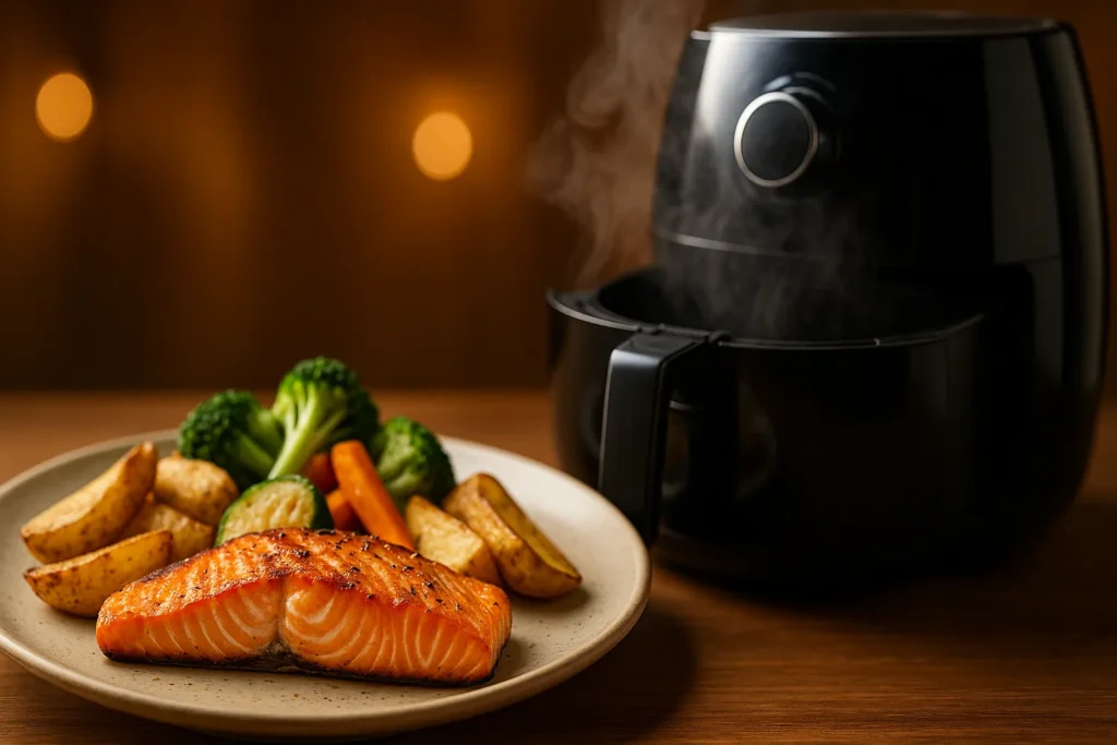 Air Fryer: Guia Completo Com Os 7 Melhores Modelos E 5 Defeitos Mais Comuns 1 Close-Up De Um Prato Com Salmão Grelhado, Legumes E Batatas Rústicas Ao Lado De Uma Air Fryer Com Vapor Saindo.
