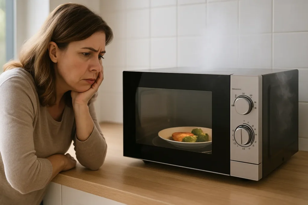 Micro-Ondas Parado Com Comida Crua No Prato E Fumaça Leve Enquanto Dona De Casa Observa Preocupada