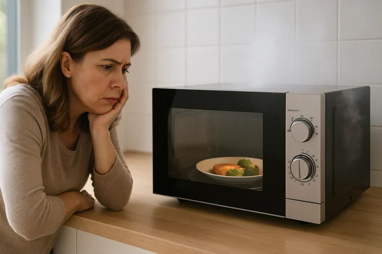 Micro-Ondas Parado Com Comida Crua No Prato E Fumaça Leve Enquanto Dona De Casa Observa Preocupada