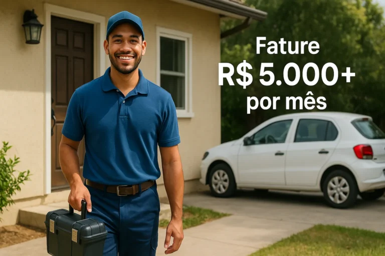 Técnico Sorridente Saindo De Casa De Cliente Com Maleta, Carro Ao Fundo E Frase &Quot;Fature R$ 5.000+ Por Mês&Quot;