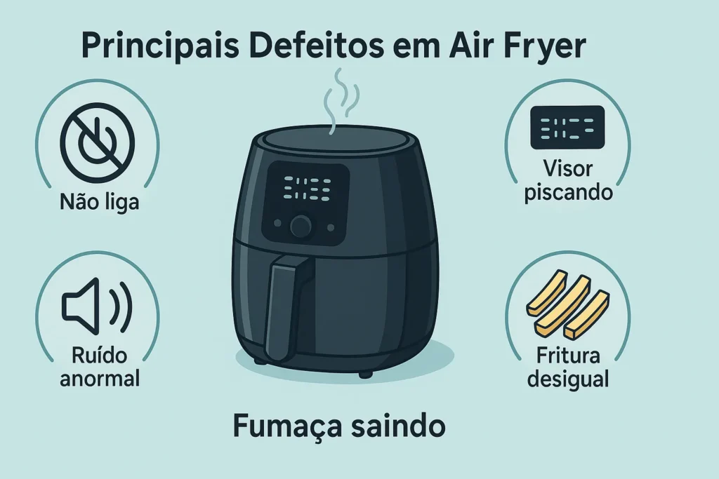 Air Fryer: Guia Completo Com Os 7 Melhores Modelos E 5 Defeitos Mais Comuns 4 Ilustração 16:9 De Air Fryer Mostrando Cinco Problemas Comuns Não Liga Visor Piscando Fumaça Saindo Ruído Anormal E Fritura Desigual