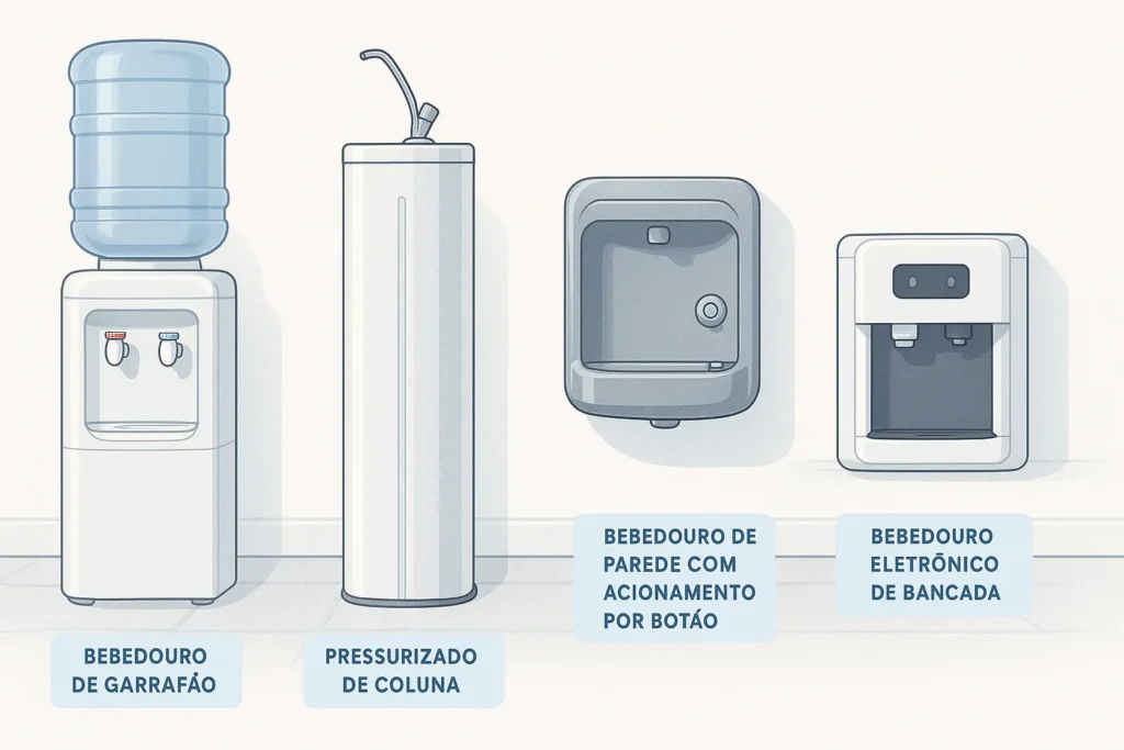 Ilustração Panorâmica 16X9 Apresentando Quatro Modelos De Bebedouro — Garrafão, Pressurizado De Coluna, Parede Acionado Por Botão E Eletrônico De Bancada — Alinhados Sobre Fundo Clean Sofisticado