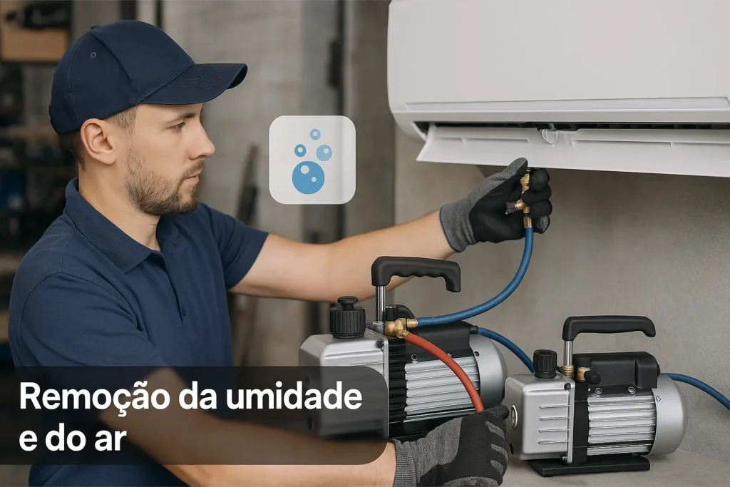Bomba De Vácuo: 7 Técnicas Profissionais Para Dominar O Uso Em Refrigeração 3 Técnico Conecta Bomba De Vácuo A Um Ar-Condicionado Split Dentro De Uma Oficina, Com Ícone De Bolhas Representando A Remoção De Gás, Evidenciando O Processo De Remoção Da Umidade E Do Ar.