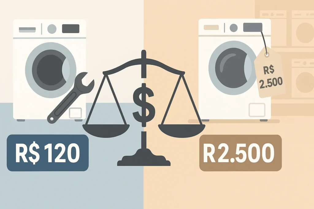 Consertar Máquina De Lavar: 7 Problemas Mais Comuns E Como Resolver Cada Um 10 Imagem Comparativa Mostrando Uma Máquina De Lavar Consertada Com Valor De R$ 120 E Uma Nova Com Preço De R$ 2.500, Equilibradas Por Uma Balança Com Símbolo De Real (R$) Ao Centro.