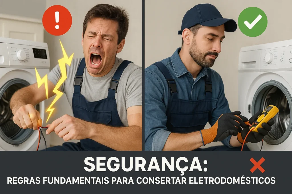 Consertar Eletrodomésticos: 7 Passos Para Começar E Faturar R$ 5.000+ Por Mês 13 Comparação Entre Técnico Sem Epi Levando Choque E Técnico Com Proteção Adequada Utilizando Multímetro, Com Ícones De Alerta E Aprovação.