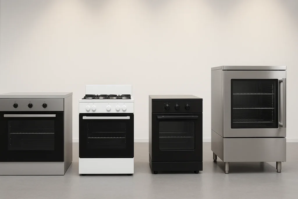 Forno A Gás: O Guia Definitivo Com 8 Aspectos Fundamentais Para Uso Seguro E Eficiente 4 Estúdio Com Quatro Fornos A Gás Lado A Lado Em Showroom Minimalista, Cada Um Identificado Por Rótulos Suspensos Indicando O Modelo Embutido, Fogão 4 Bocas Com Forno, Forno De Bancada E Forno Industrial.