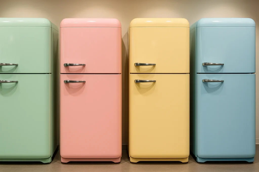 Geladeira Retrô: Guia Completo De Estilo, Eficiência E Como Escolher O Modelo Ideal 5 Quatro Geladeiras Retrô Em Tons Pastel — Verde-Menta, Rosa-Pálido, Amarelo-Baunilha E Azul-Céu — Alinhadas Em Um Showroom, Cada Uma Com Separação Visível Entre Portas Superior E Inferior E Puxadores Cromados.