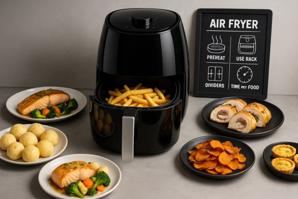Air Fryer: Guia Completo Com Os 7 Melhores Modelos E 5 Defeitos Mais Comuns 10 Air Fryer Aberta Em Bancada Moderna Cercada Por Pratos Como Salmão, Pão De Queijo, Chips E Mini Tortas, Com Quadro Explicativo Ao Fundo. Legenda: Air Fryer Aberta Com Pratos Sofisticados Ao Redor E Instruções Visuais Ao Fundo, Destacando O Uso Versátil E Técnico Do Equipamento.